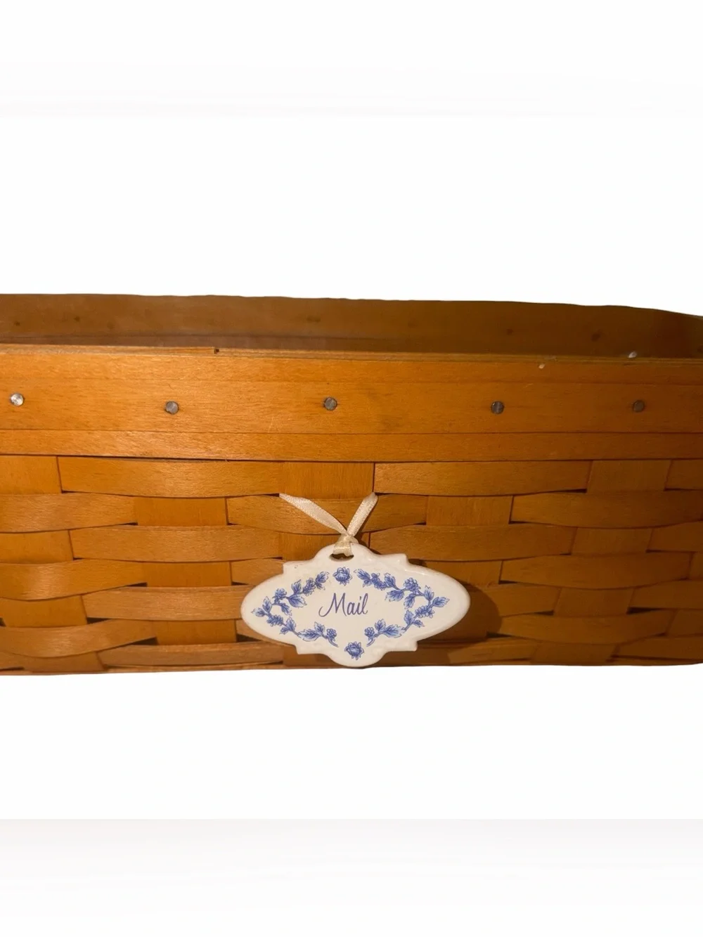 Longaberger Brown Woven Mail Basket with Decorative Ceramic Tag